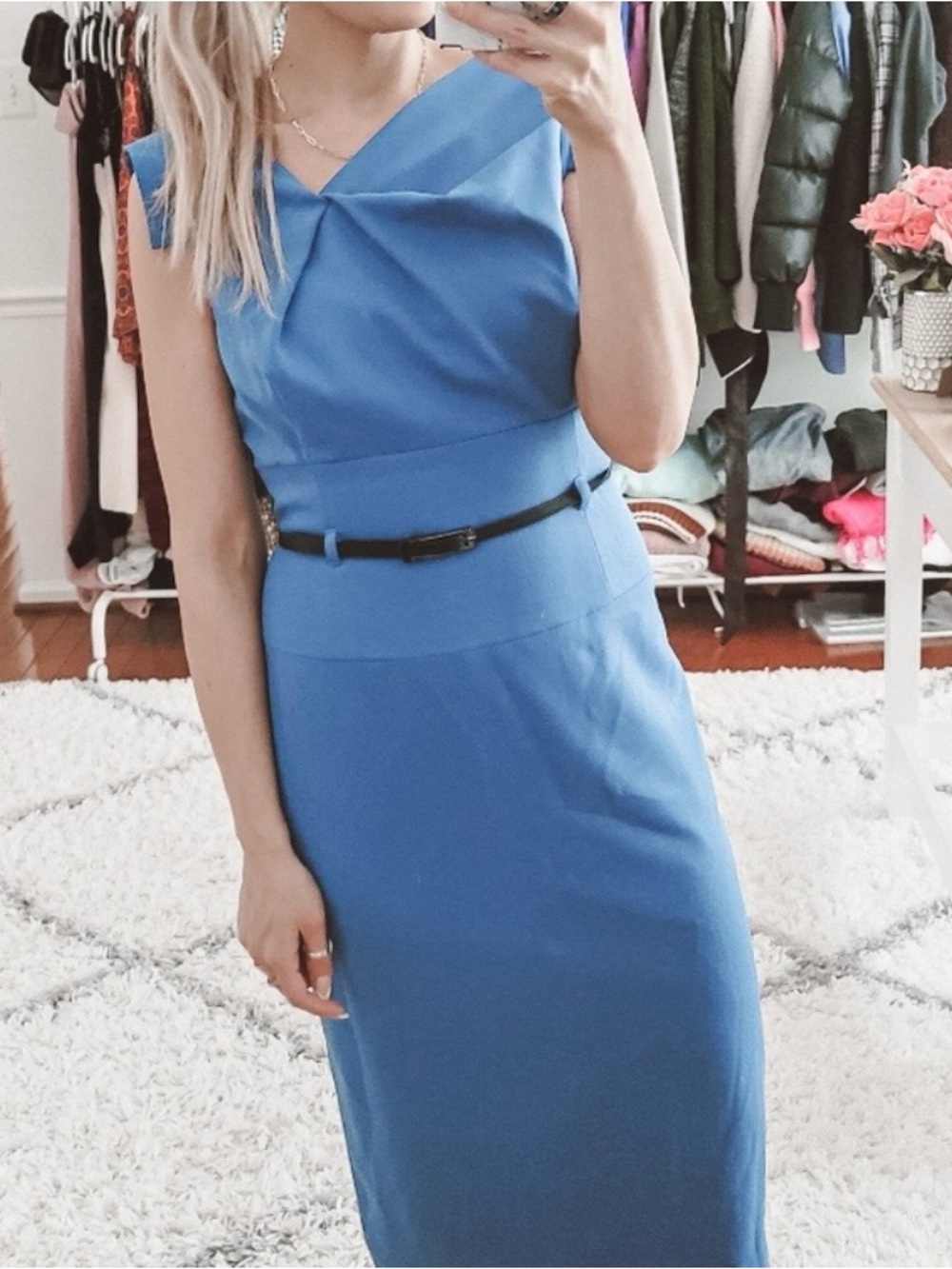 Black Halo blue Jackie O belted sheath midi dress